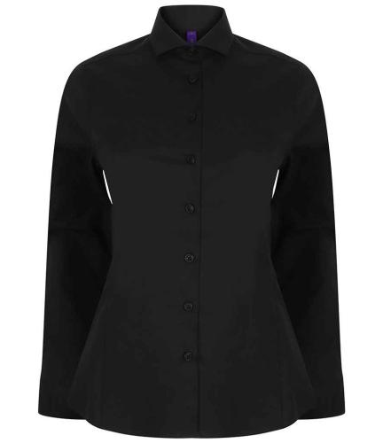 Henbury Ladies Long Sleeve Stretch Poplin Shirt - BLK - 3XL